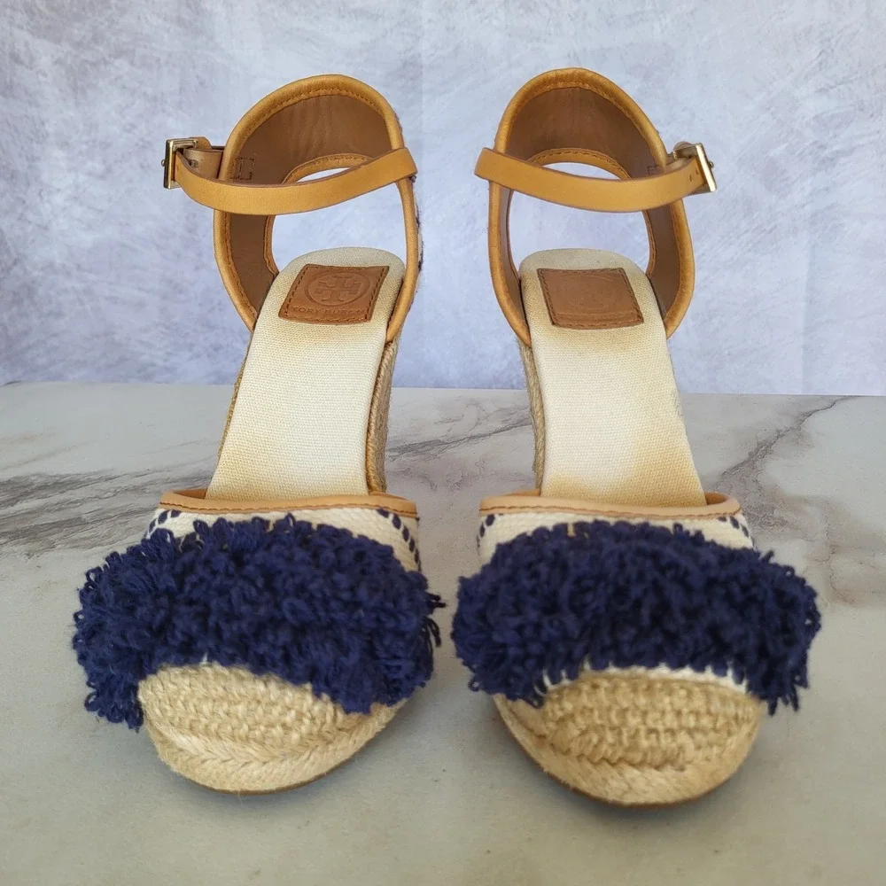Tory Burch Shaw PomPom Wedge Espadrille Ankle Strap Sandals Size 6.5 Blue Stipe